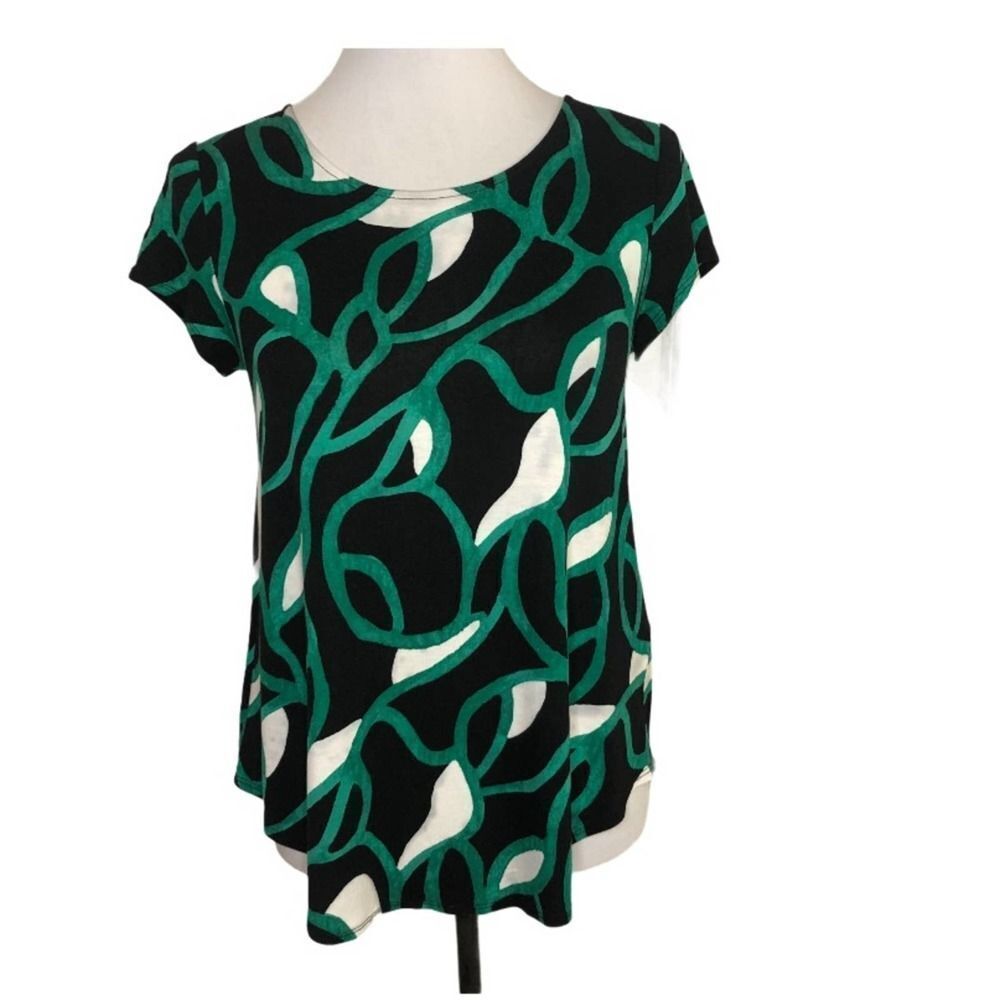 Alfani Printed Jersey Knit T-shirt Scoop Neck Pull Over Shirt Green Black And Wh